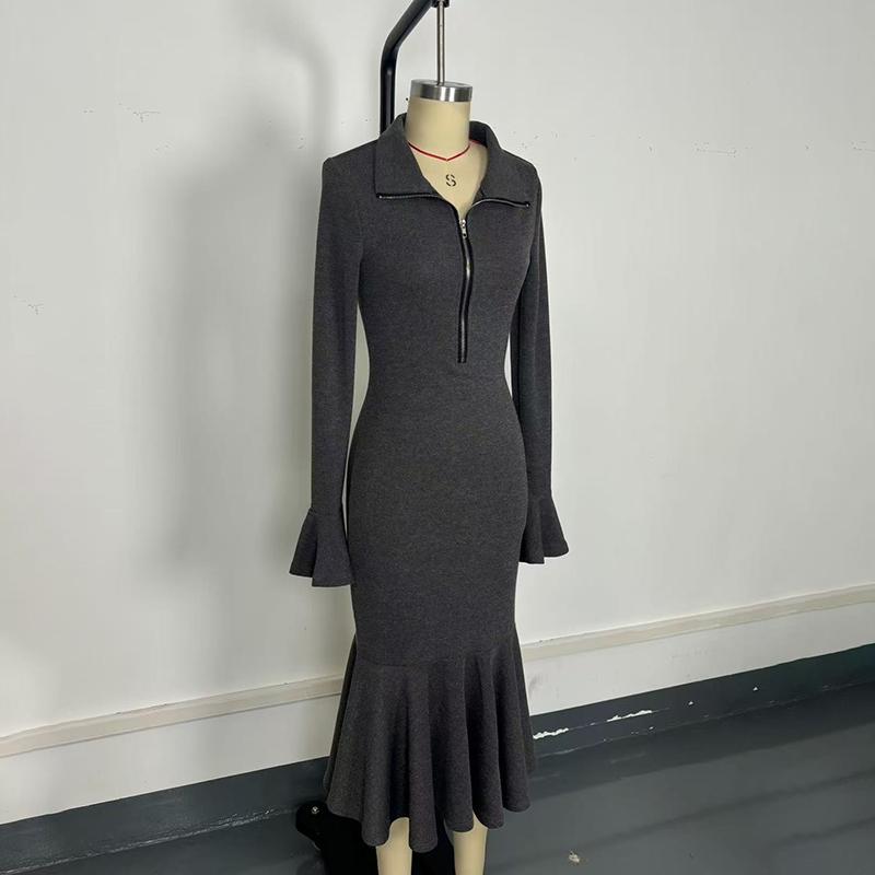 Women's Half Zip Bodycon Dress - Flared Sleeve & Fishtail Hem Long Sleeve Dress