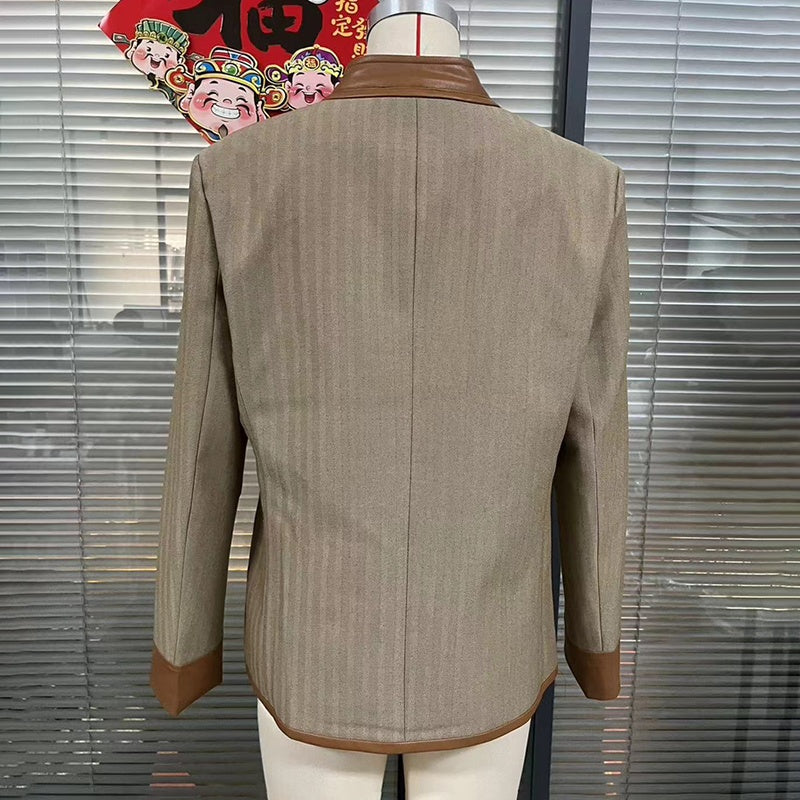 Women's Retro Elegant Jacket, Color-Block Button Front Coat With Stand Collar For Casual And Formal Wear