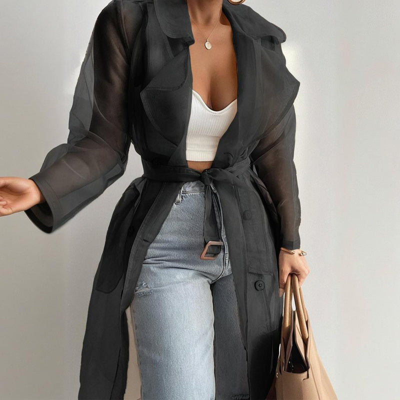 Women's Solid Color Half Sheer Long Sleeve Cardigan With Buttons & Belt - Lightweight Cover-Up For Summer