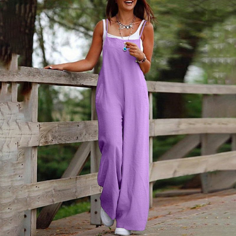 Plus Size Women's Solid Color Casual Jumpsuit - Sleeveless Romper With Pockets For Spring&Summer