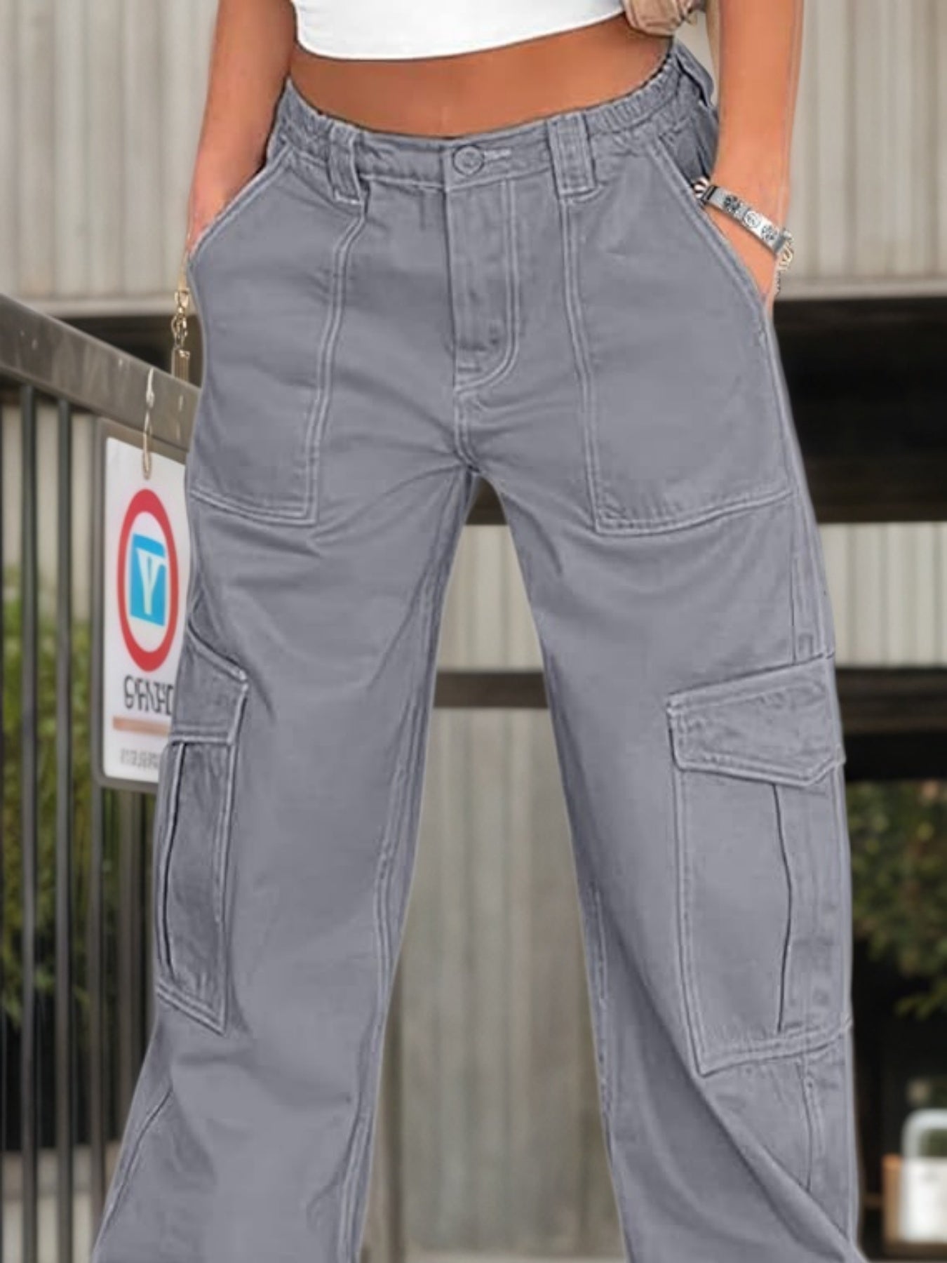 2025 New Women's Work Pants High Waisted Casual Pants Loose Elastic Wide Leg Y2K Streetwear With 6 Pockets