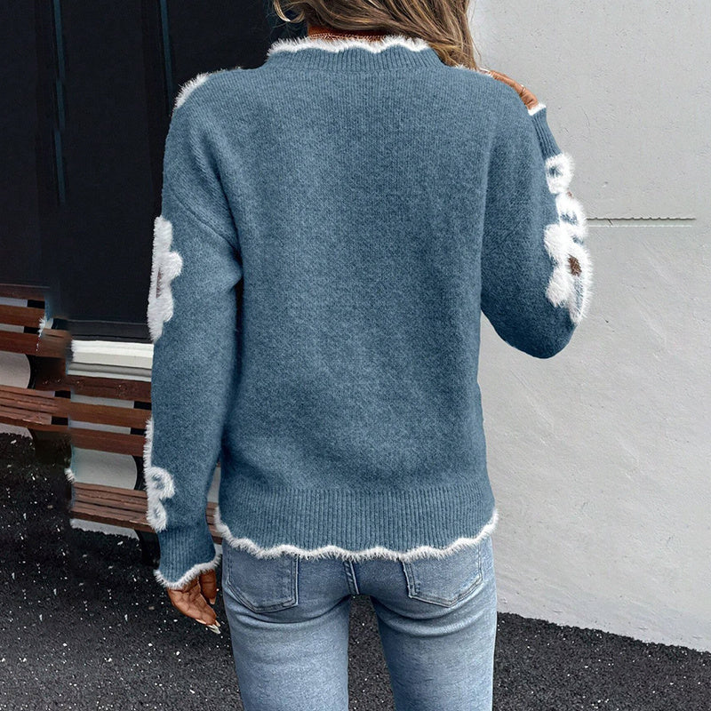 Women's Fall Floral Pattern V-Neck Sweater, Long Sleeve Pullover With Scallop Trim Casual Dressy Top