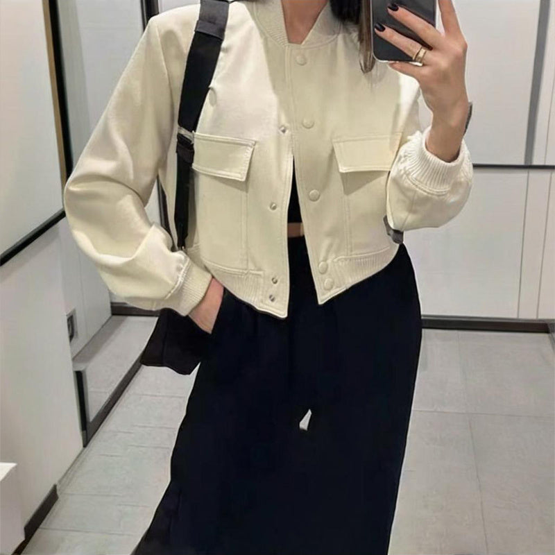 Women's Solid Color Long Sleeve Baseball Jacket With Button Front & Pockets - Casual Short Jacket For Spring&Fall
