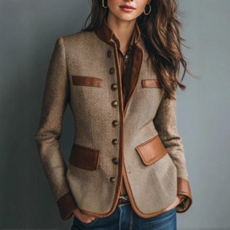 Women's Retro Elegant Jacket, Color-Block Button Front Coat With Stand Collar For Casual And Formal Wear