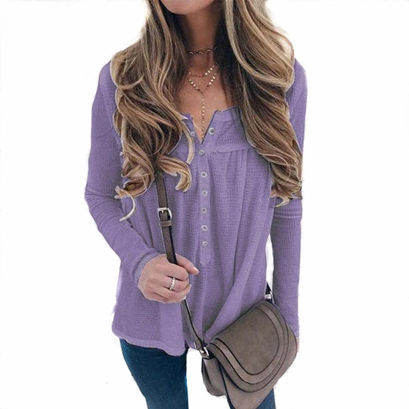 European And American Women's Waffle Loose Button Long-sleeved Top
