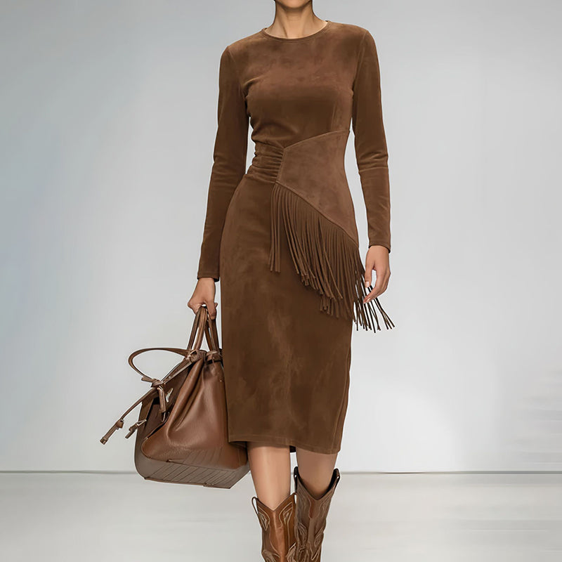 Women's Vintage Western Suede-Look Maxi Dress Boho Fringe & Waist Ruffle Detail Bodycon Gown