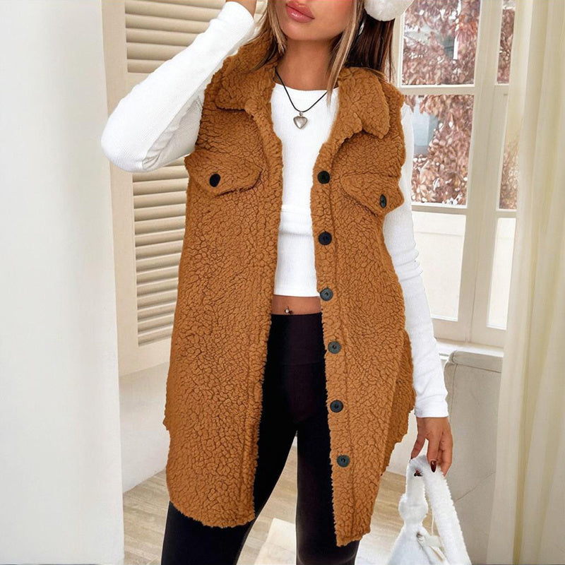 Women's Wool-Like Sleeveless Vest With Lapel, Solid Color Mid-Length Button Up Waistcoat For Layering, Casual & Formal Outfits