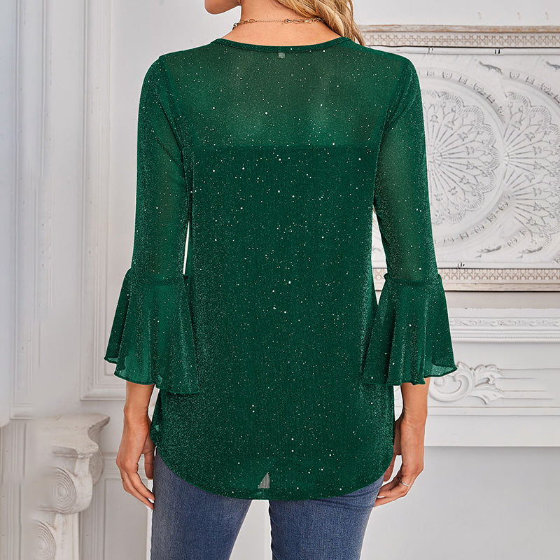 Womens Ruffle 3 4 Sleeve Sparkle Top Blouses Casual Shirts Crew Neck Glitter Night Out Tops