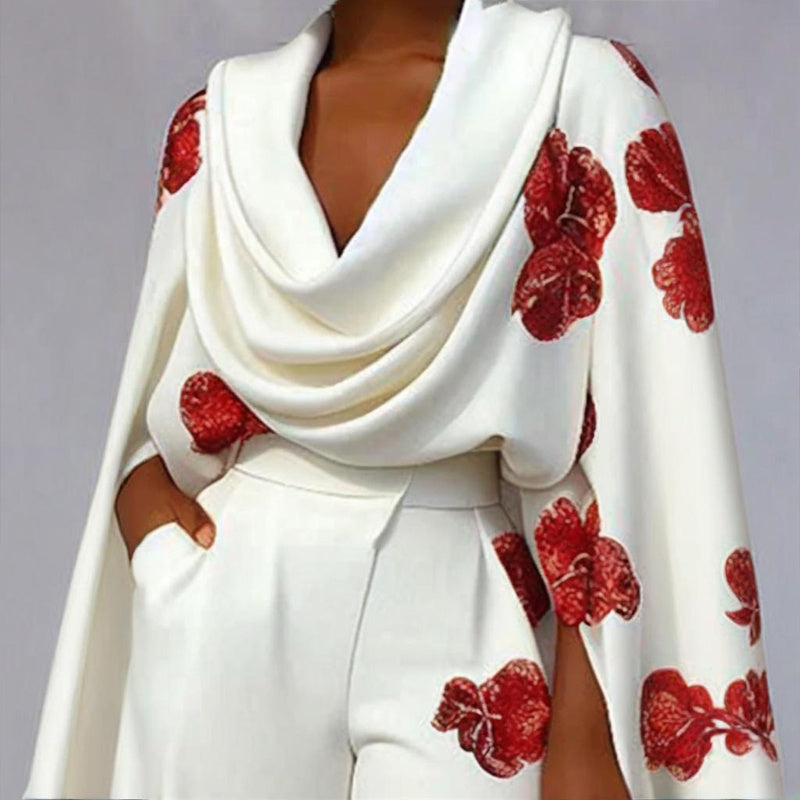 Women's Floral Print Mock Neck Long Sleeve Top & Wide Leg Pants Set With Pockets - Stylish Spring&Summer Outfit