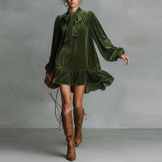 Women's Elegant Solid Color Bow Tie Dress With Puff Sleeves & Asymmetric Ruffle Hem, Loose Fit Short Dress For Spring Autumn