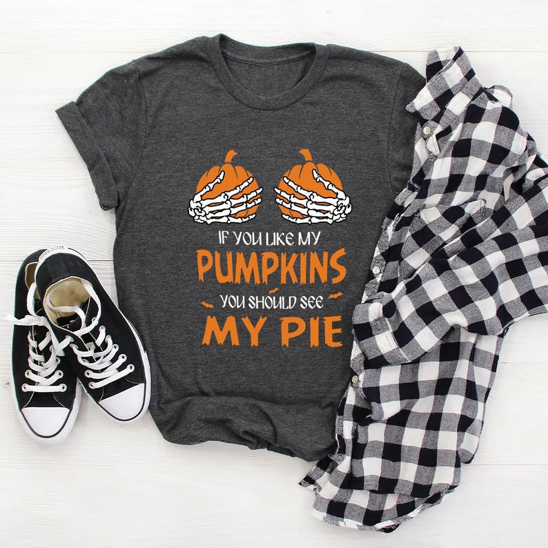 Autumn And Winter New Fashion Women's Clothing Halloween Pumpkin Skull Print T-shirt