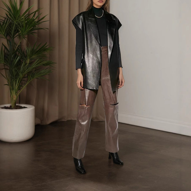 Women's Faux Leather Vest, Lapel Collar Sleeveless Casual Work Jacket With Belt