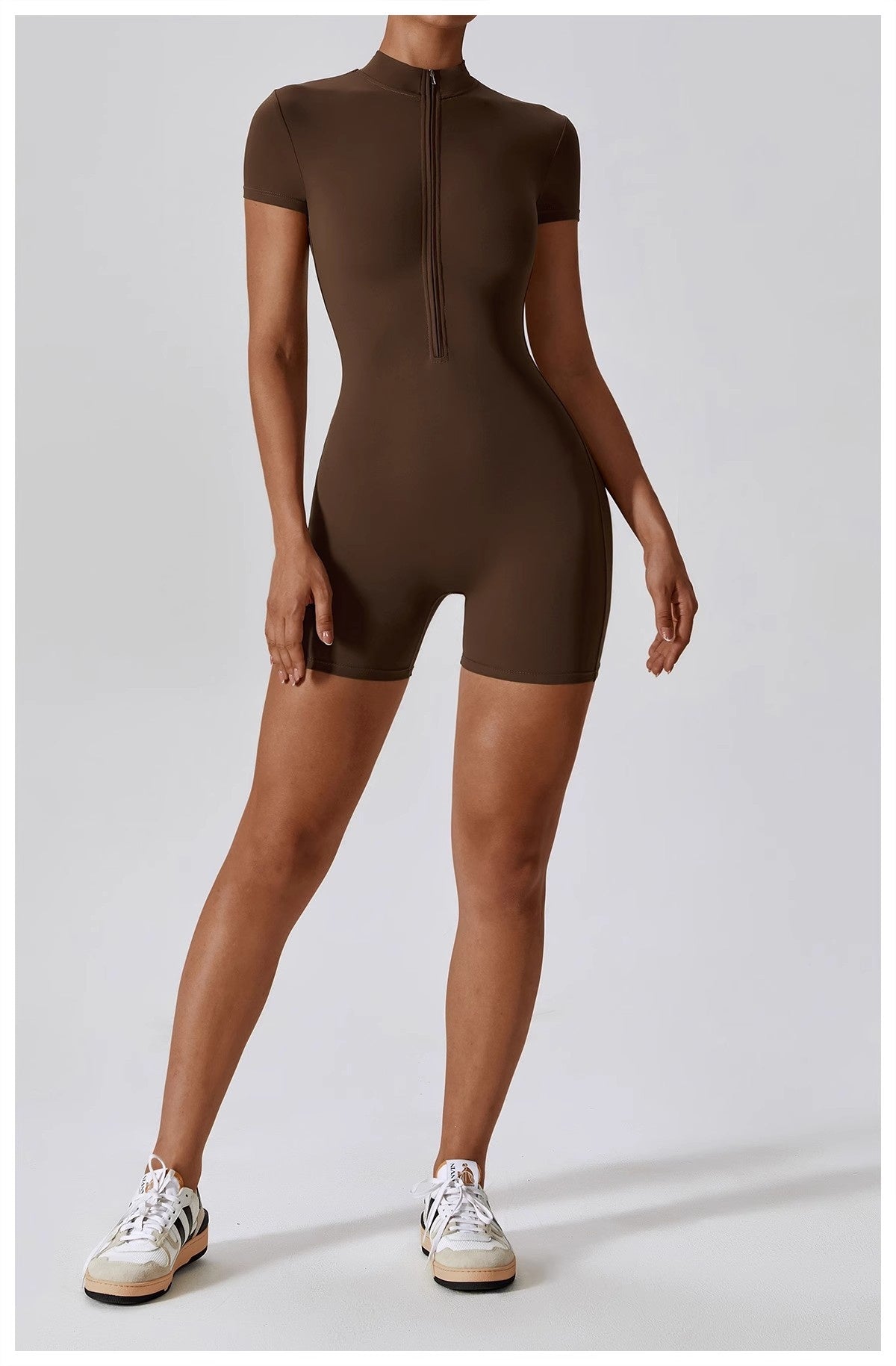 Summer Zip-Up Short Sleeve Shorts Yoga Bodysuit For Women - Dance Workout Form-Fitting One-Piece