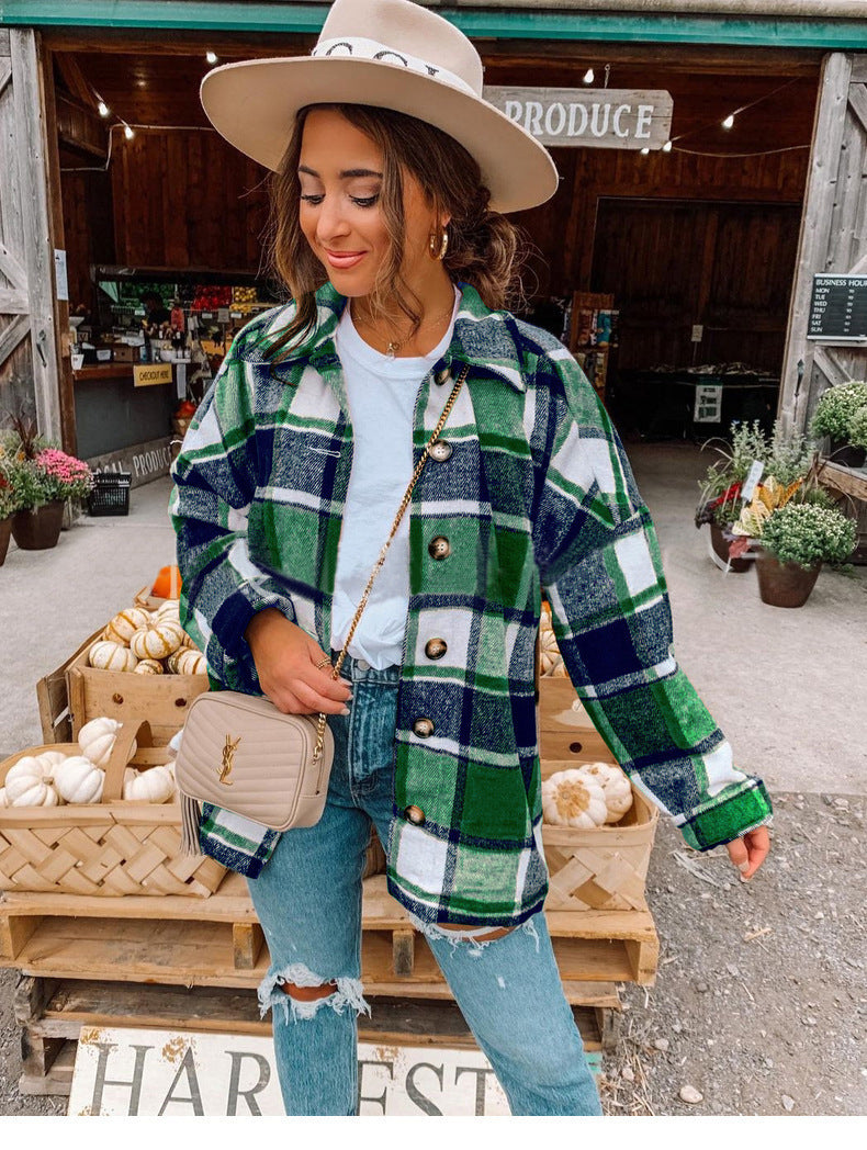 Long-Sleeved Lapel Loose-Fitting Women's Plaid Shirt