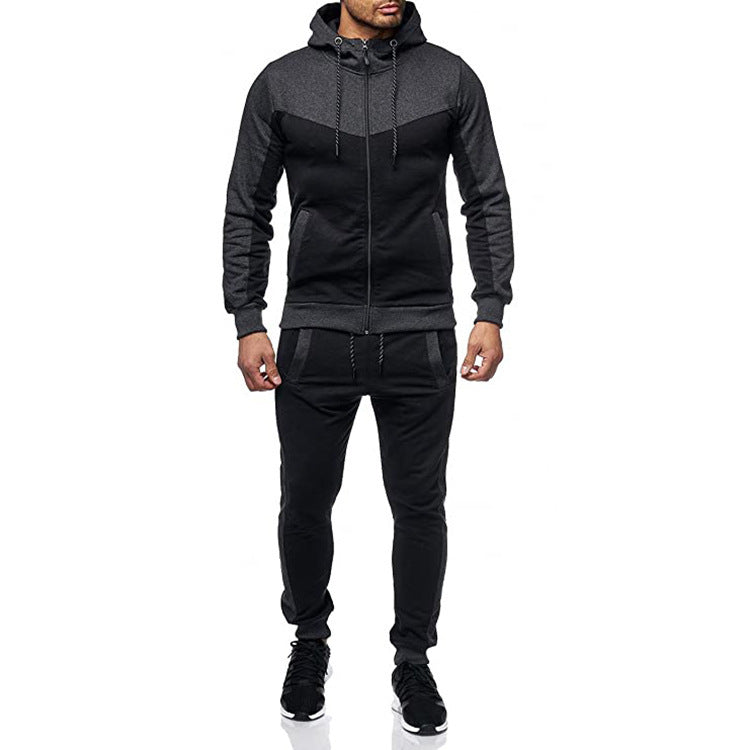 Men's Hooded Color Block Casual Cardigan Set