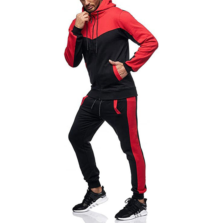 Men's Hooded Color Block Casual Cardigan Set