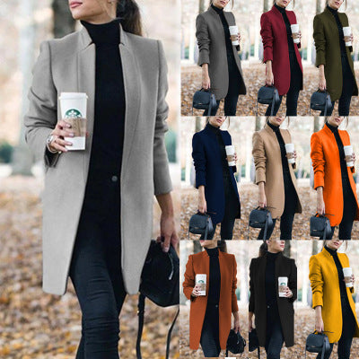 Autumn And Winter New Style European And American Fashion Solid Color Stand-Up Collar Woolen Blazer