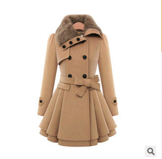 Women's Slim Mid-length Woolen Coat, Double-breasted Padded Coat