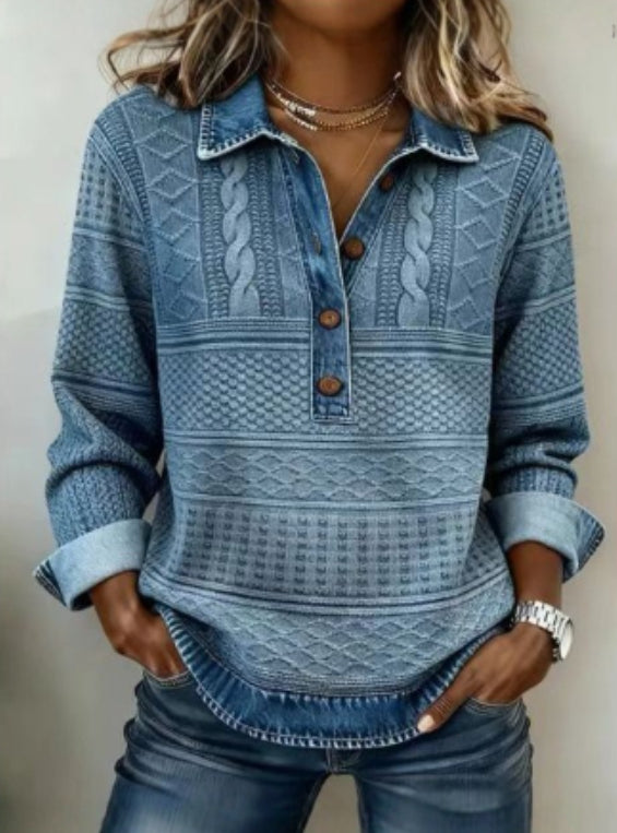 Womens Retro Printed Stand Collar Long-Sleeve Top