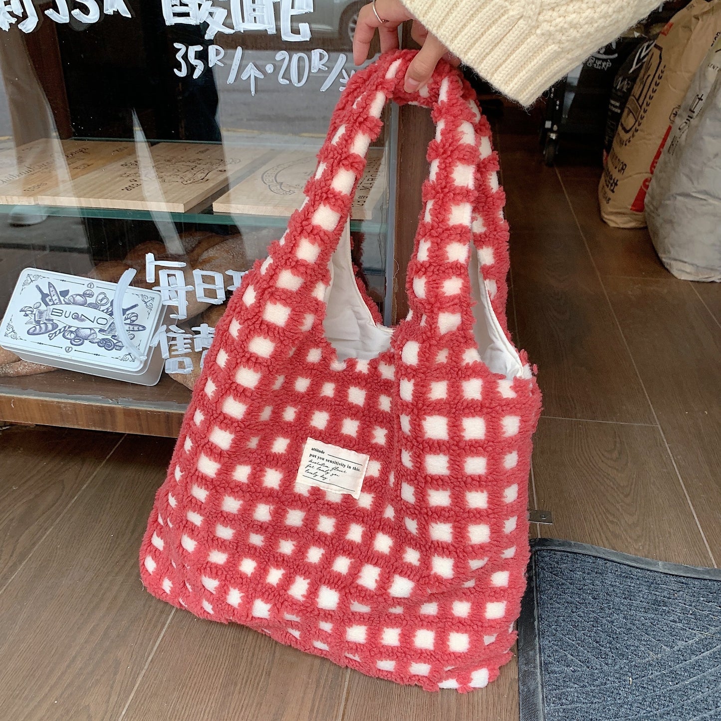 Waffle Flannel Bag Tote Bag Large Capacity Commute Minimalist Student Class Bag
