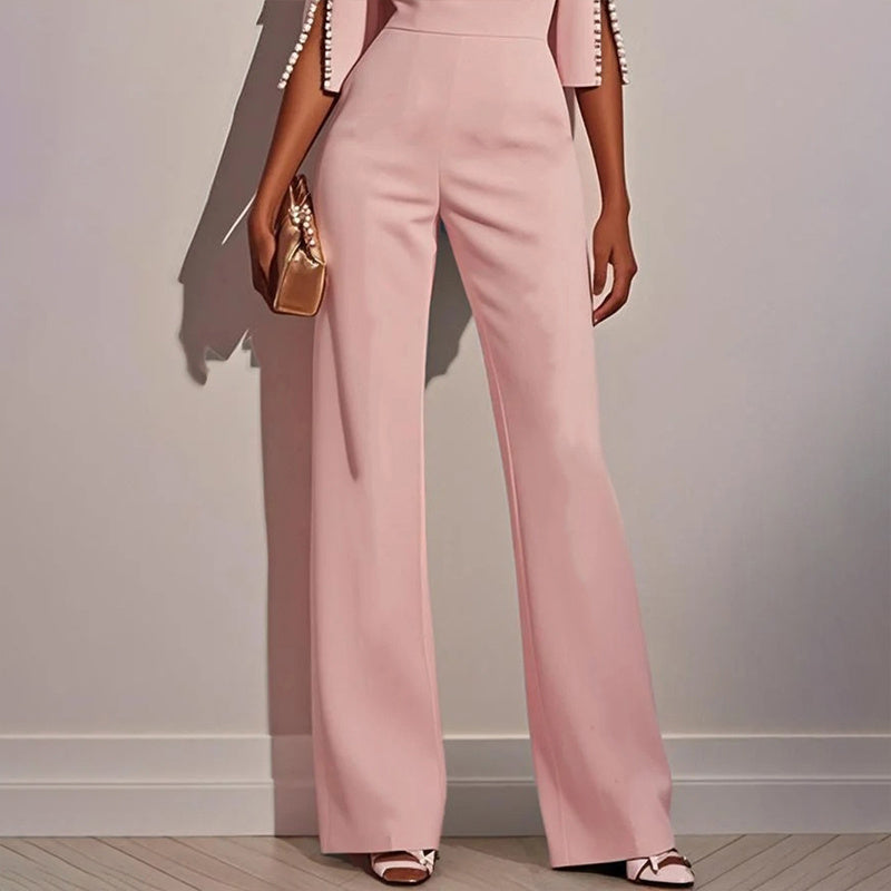 Women's Elegant Round Neck Jumpsuit - Mid-Sleeve With Side Slit Cuffs & Pearl Accents, Back Zipper Design For Casual To Formal Events