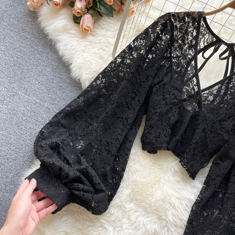 Solid Color Elegant V-Net Lantern Sleeve Lace Top - Sheer Back Tie Detail Women's Fashion Blouse
