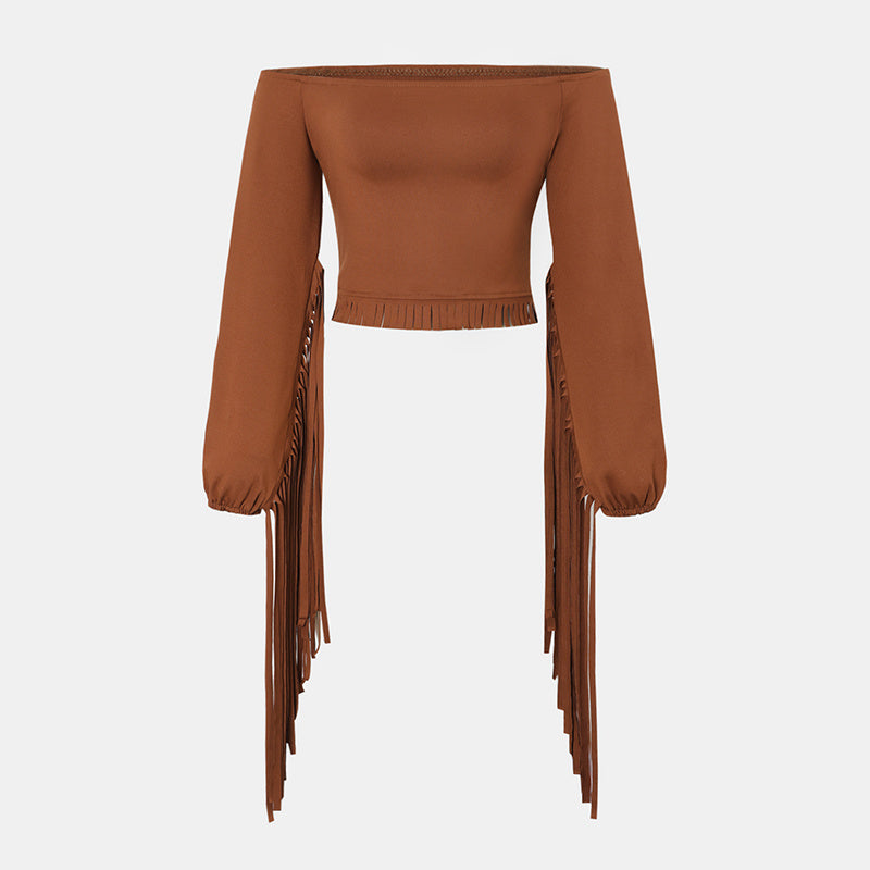 Women's Western Cowgirl  Fringe Trim Tops Sexy Off Shoulder Long Sleeve T Shirts Tassel Top