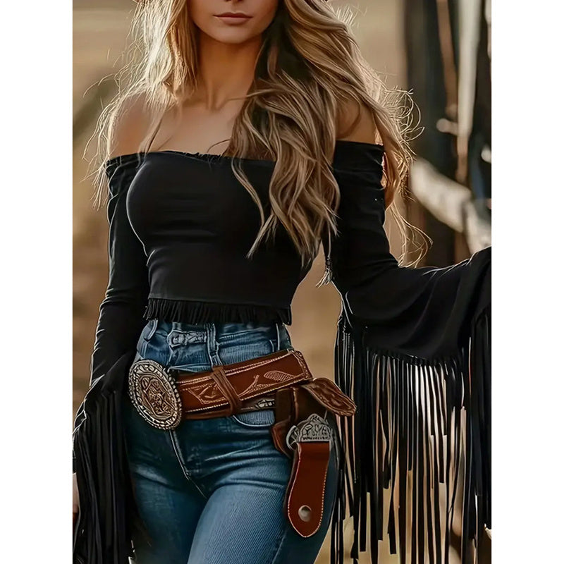 Women's Western Cowgirl  Fringe Trim Tops Sexy Off Shoulder Long Sleeve T Shirts Tassel Top