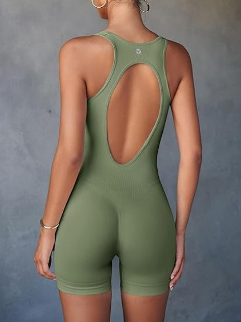 Fisoew Womens One Piece Jumpsuits Racer Back Ribbed U Neck Padded Unitard Backless Tummy Control Bodycon Yoga Romper