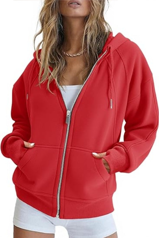 Fisoew Womens Zip Up Sweatshirts Fleece Lined Collar Crop Hoodie Casual Cotton Long Sleeve Tops With Thumb Hole