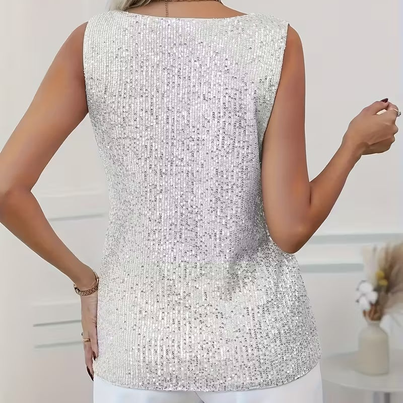 Women's Solid Color Sequin Sleeveless Top, V-Neck Sparkling Party Blouse For Casual And Evening Wear