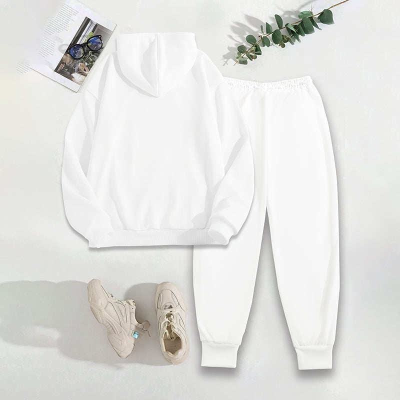 Women's Solid 2-Piece Set Letter Print Hoodie With Pocket & Drawstring Jogger Pants Casual Tracksuit