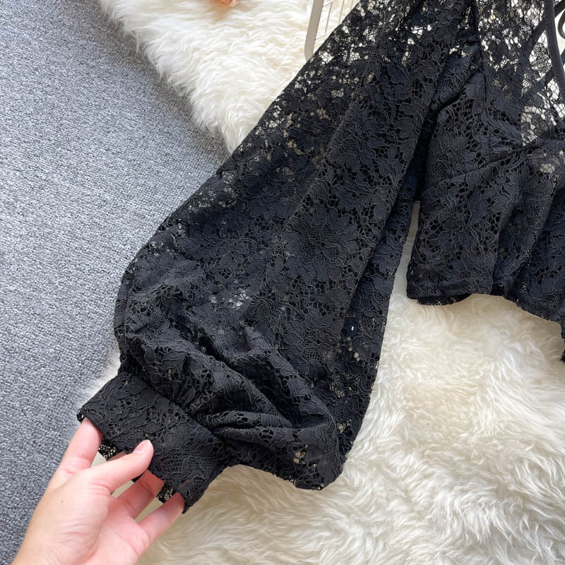 Solid Color Elegant V-Net Lantern Sleeve Lace Top - Sheer Back Tie Detail Women's Fashion Blouse