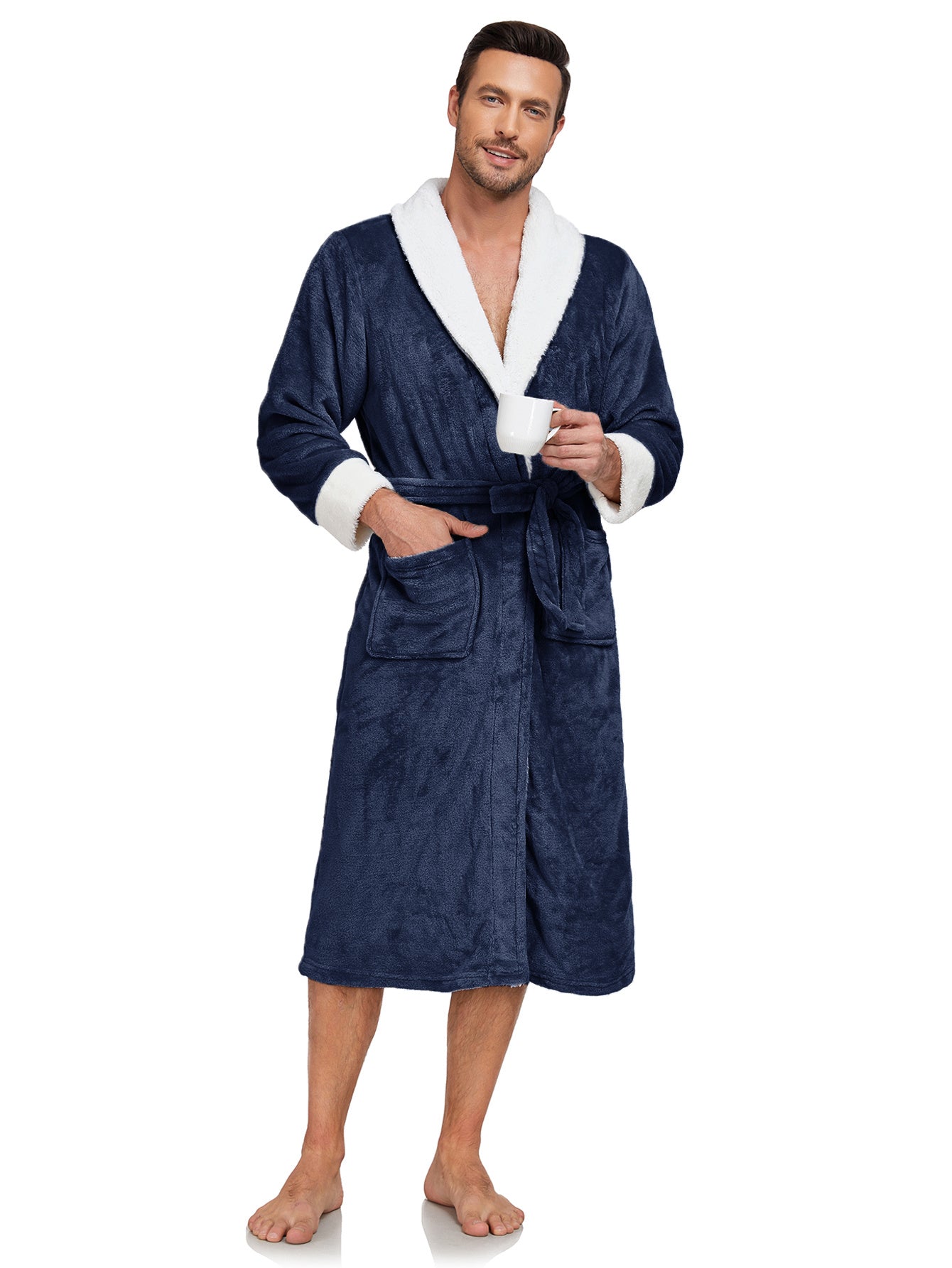 RONGTAI Men's Plush Long Bathrobe, Soft And Warm, Full Length, Shawl Collar, Fleece