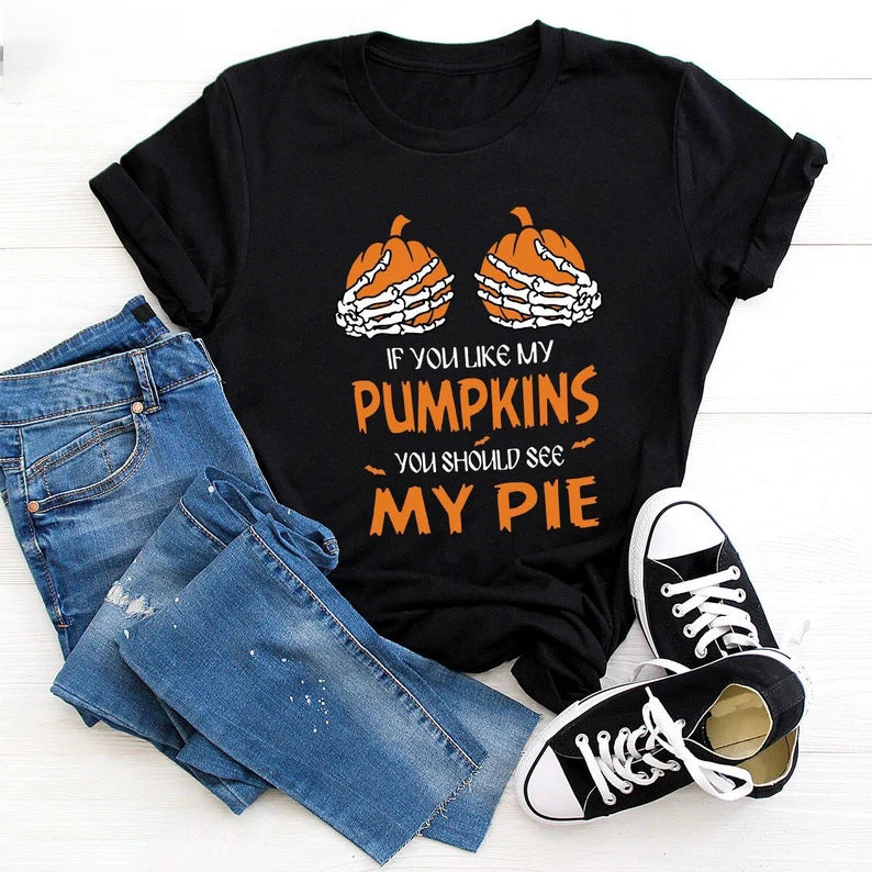 Autumn And Winter New Fashion Women's Clothing Halloween Pumpkin Skull Print T-shirt