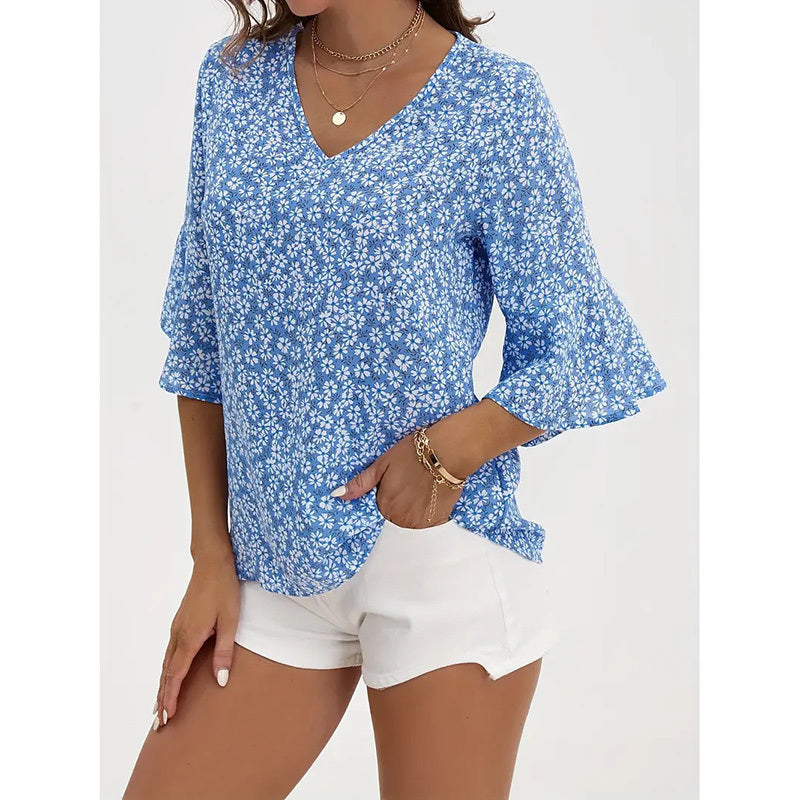 Womens Summer Floral Print Blouses V-Neck Flare Sleeve Tops Dressy Casual T-Shirts
