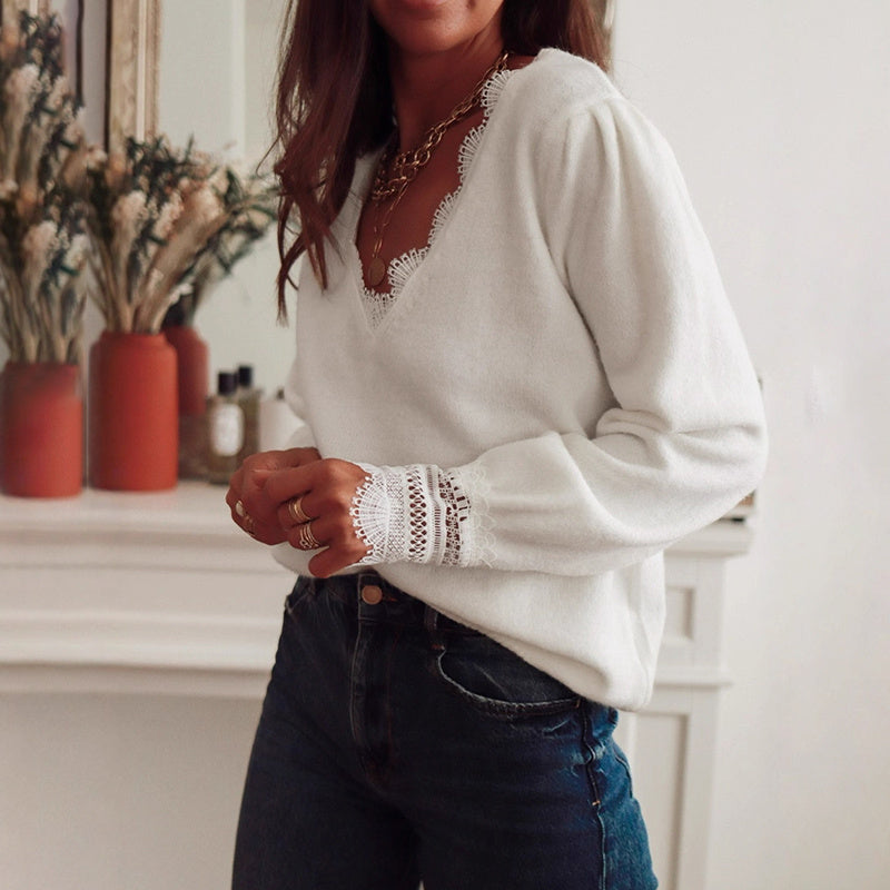 Women's Sweaters V Neck Lace Trim Long Sleeve Fall Pullover Tops Trendy Outfits For Women