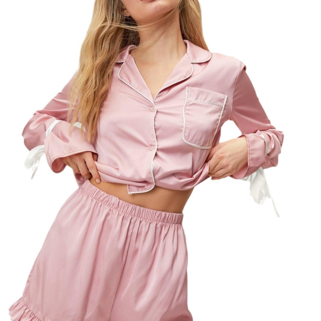 Lapel Long Sleeve Shorts Pajamas Two-piece Set Women's Outerwear Homewear