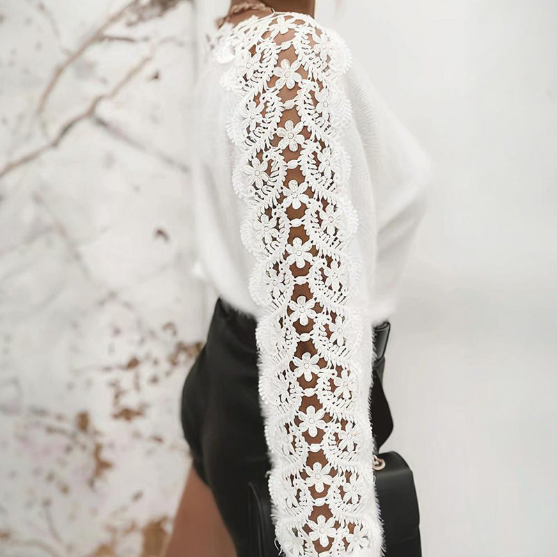 Women's Lace Patch Sweater, Hollow-Out Crewneck Long Sleeve Soft Pullover