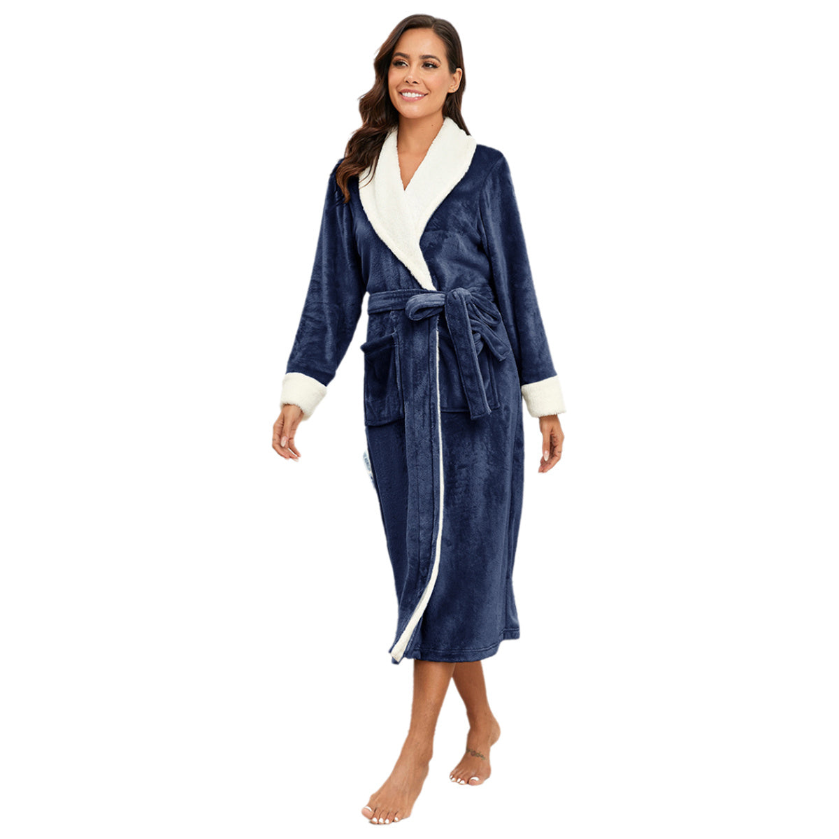RONGTAI - Women's Fleece Robe, Long Bathrobe With Two Side Pockets And Belt, Warm, Cozy And Fluffy
