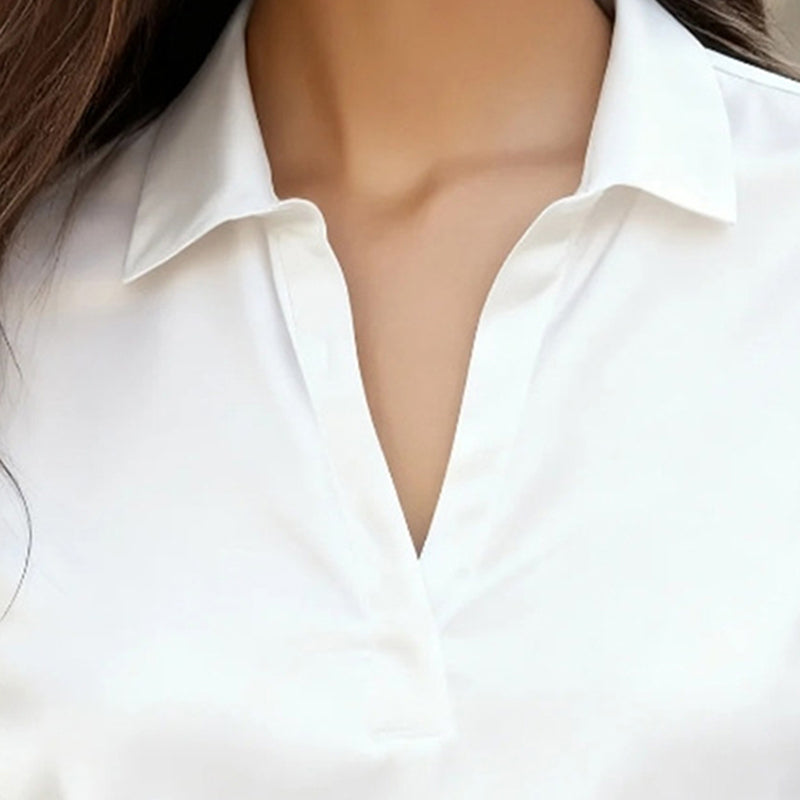 Women's Elegant Long Sleeve V-Neck Solid Color Relaxed Fit Solid Shirt, Business Casual Office Blouse For Fall