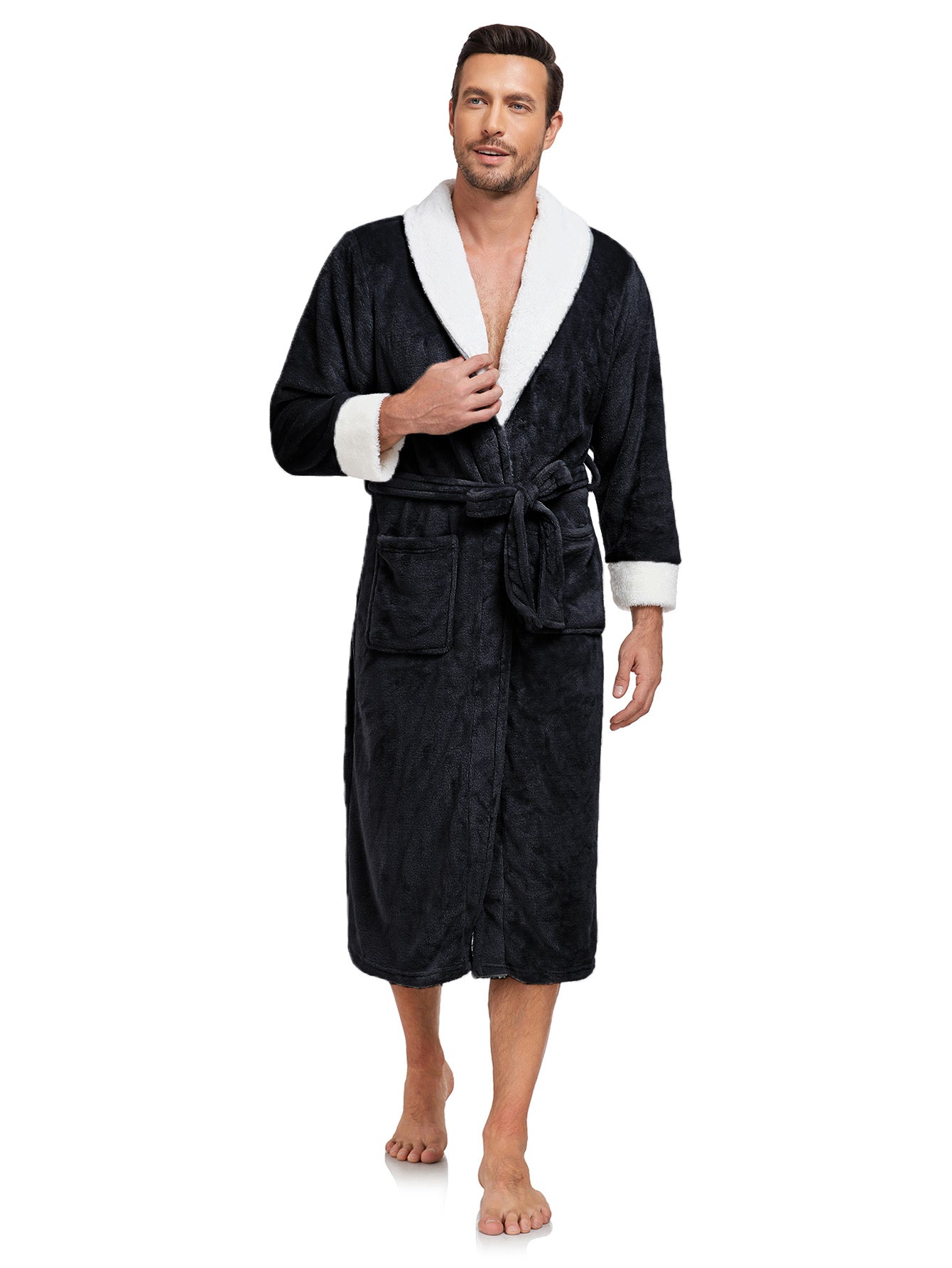 RONGTAI Men's Plush Long Bathrobe, Soft And Warm, Full Length, Shawl Collar, Fleece