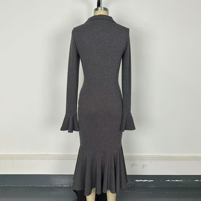 Women's Half Zip Bodycon Dress - Flared Sleeve & Fishtail Hem Long Sleeve Dress