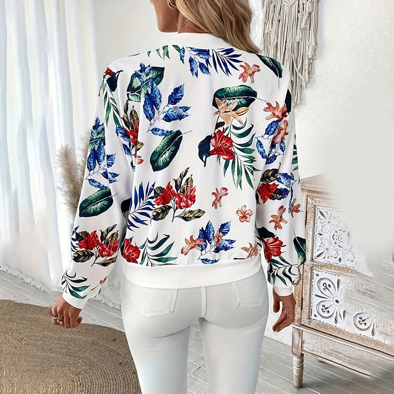 Women's Zip-Up Jacket With All-Over Botanical Print, Round Neck Long Sleeve Casual & Formal Wear For Spring&Fall