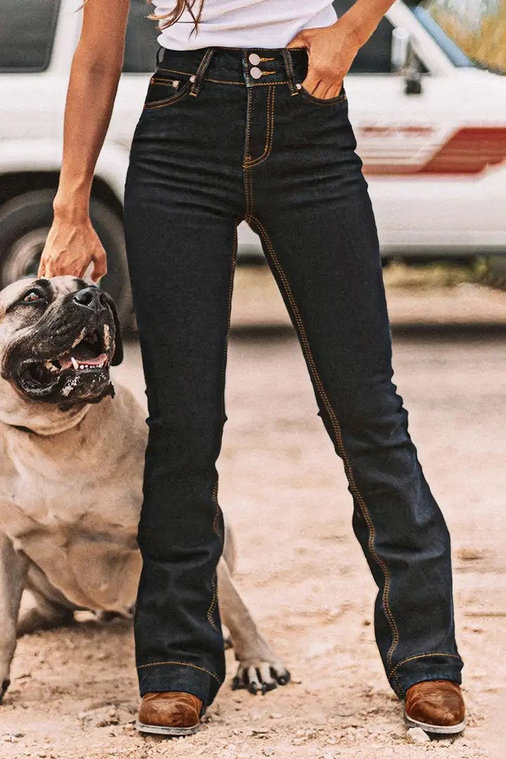 High-Rise Bootcut Jeans For Women, Tummy Control Dark Wash Denim With Double Button Waist, Durable Western Work & Riding Pants