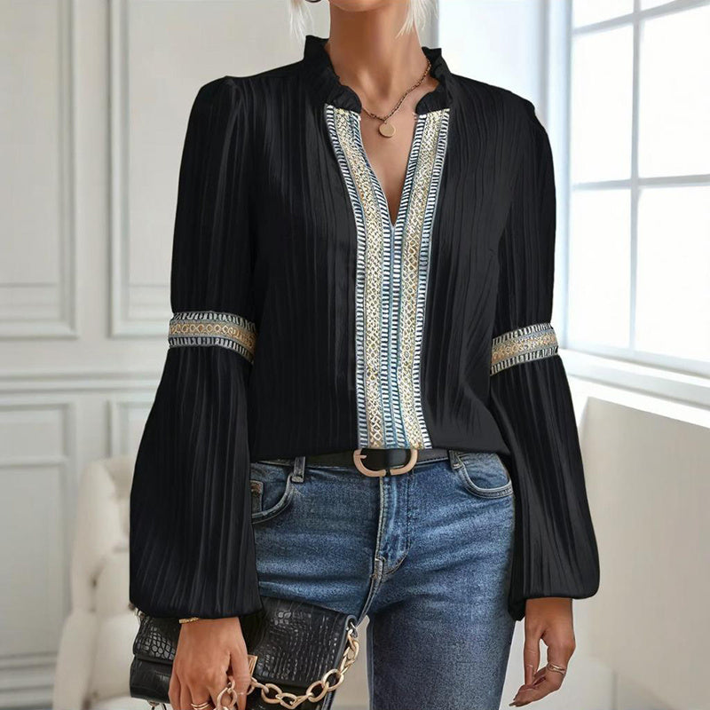 Boho Chic Colorblock Top, Women's Patchwork Blouse With V Neck And Lantern Sleeves