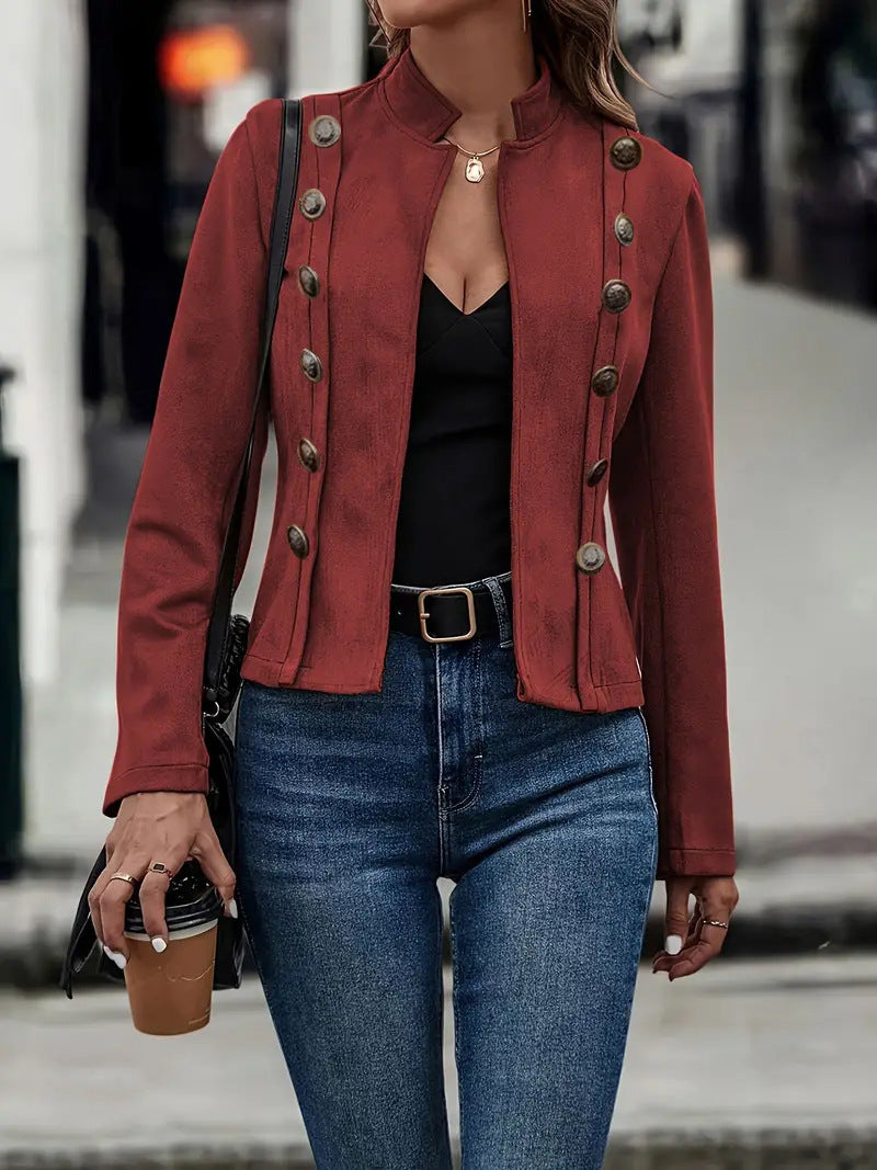 Women's Solid Color Double-breasted Decorative Deerskin Velvet Retro Long-sleeved Jacket