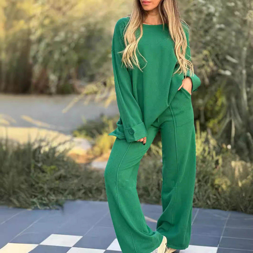 European And American Fashion Casual Set Solid Color Long-sleeve Suit Wide Leg Pants