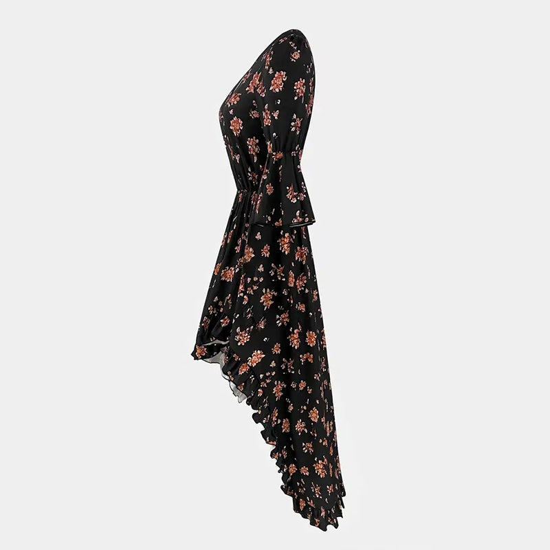 Women's V-Neck Western Floral Print Dress - Spring Summer Ruffled Hem A-Line Dress With Bohemian Style