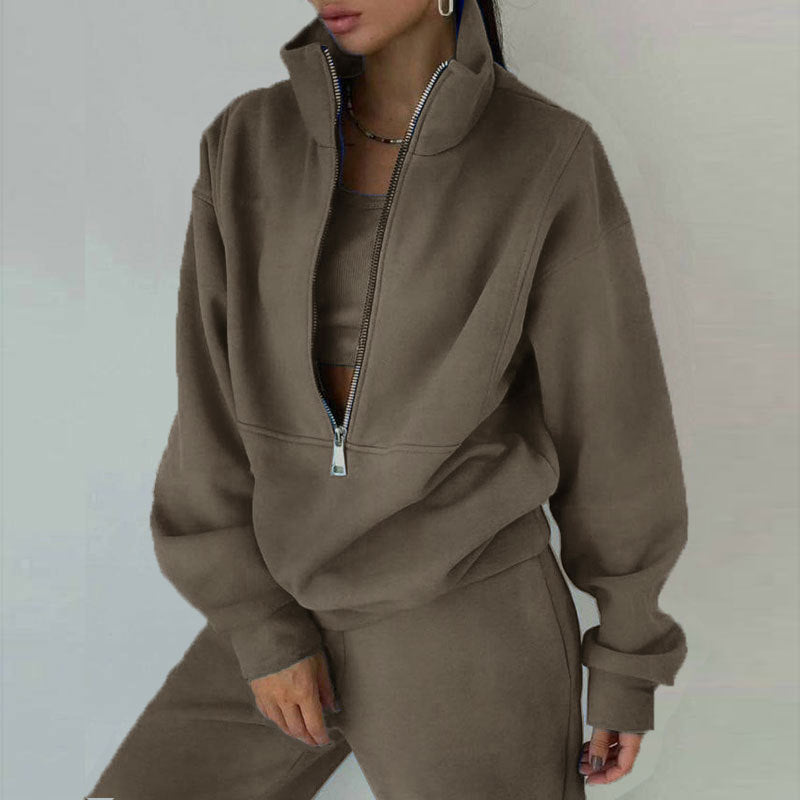 Women's 2-Piece Zip Neck Long Sleeve Sweatshirt & Slim Fit Pants Set - Sporty Streetwear Outfit For Fall&Winter